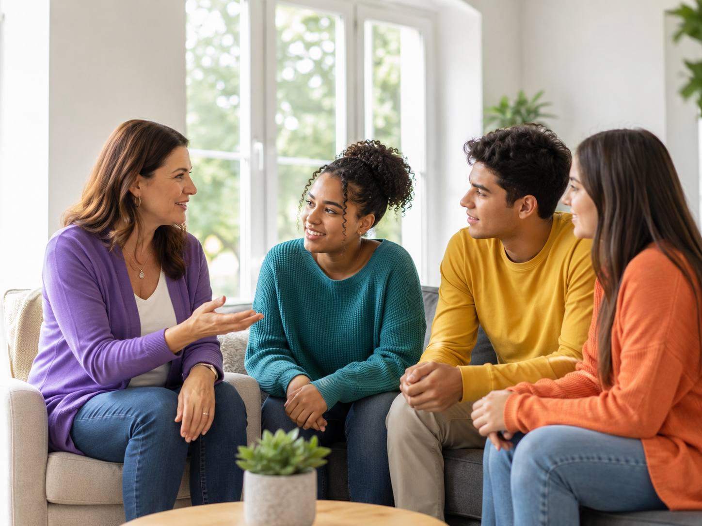 A mentor in a purple cardigan talking with three young adults seated together on a sofa in a bright, sunlit room.